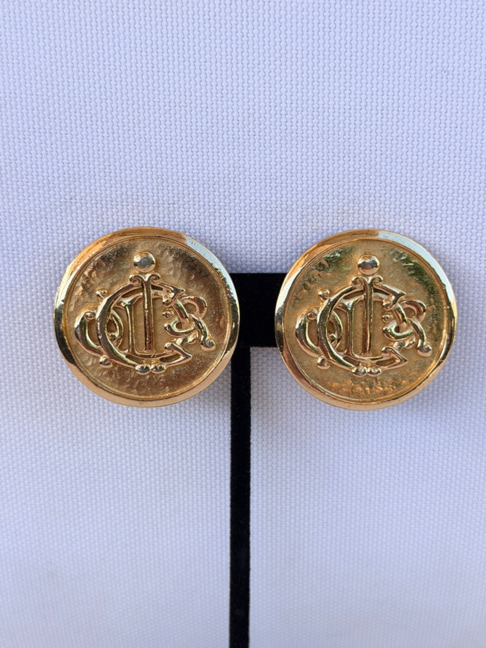 Christian Dior Vintage 1980’s Logo Gold Clip Coin Earrings 1.25” Round Statement - Picture 2 of 13
